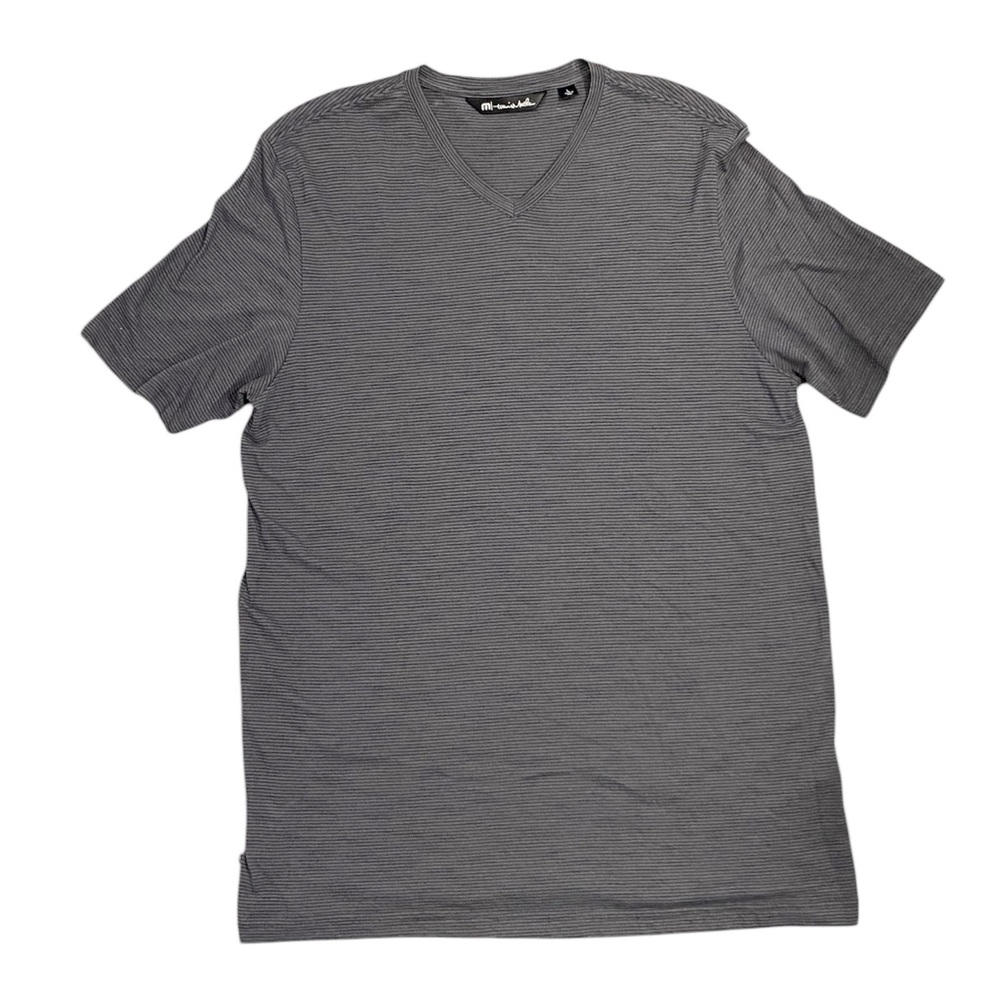 Travis Mathew Short Sleeve Shirt Gray and Blue Stripe Golf Shirt Athletic Cut